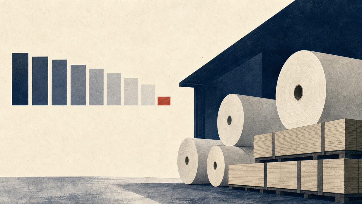 Illustration of stacked paper reels in a warehouse with an abstract graphic showing a shrinking ownership share.