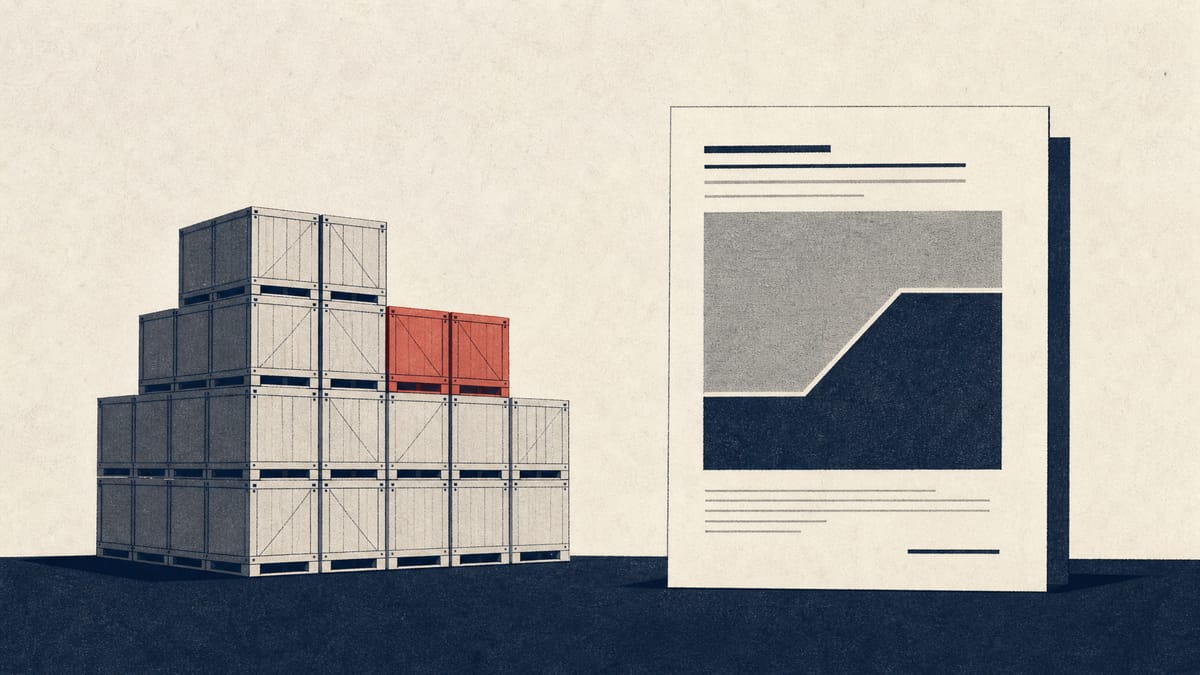 Editorial illustration of warehouse pallets and shipping crates with one section highlighted in a small vermillion accent to represent a concentrated shareholding block in a Japanese trading company, alongside an abstract ledger-style disclosure sheet with no legible text.