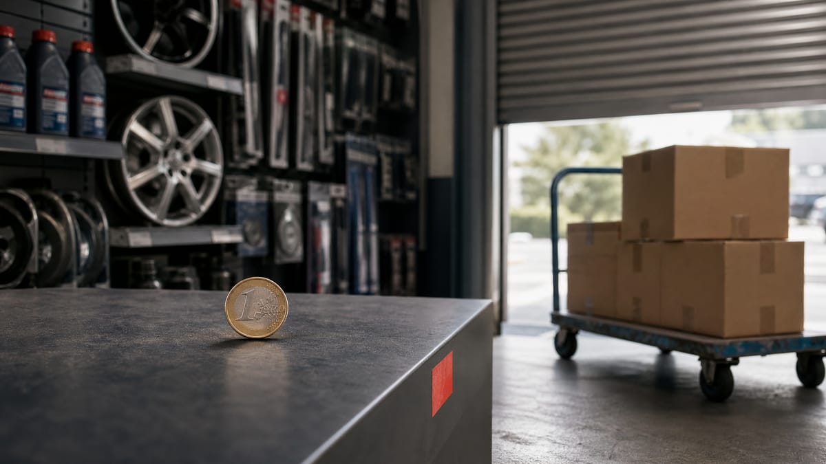 A single euro coin on a car-parts store counter beside boxed inventory and a partially lowered shutter, symbolizing a nominal-price retail sale.