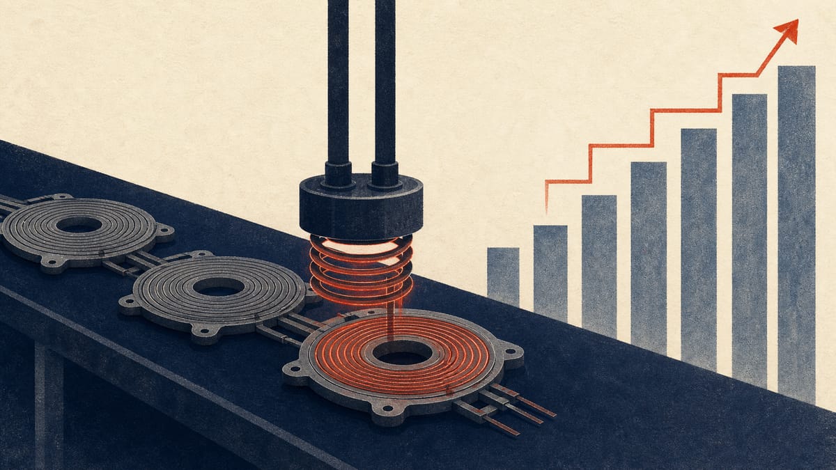 Illustration of induction-heating and antenna equipment on a factory floor with a faint ascending bar-chart motif suggesting rising shareholder returns.
