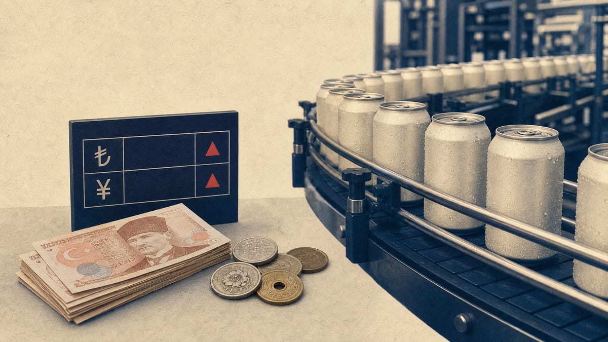 Editorial photo illustration of a beverage bottling line with canned drinks on a conveyor belt beside stacked lira and yen currency notes, representing a Japanese drinks maker's Turkish operations and currency exposure.