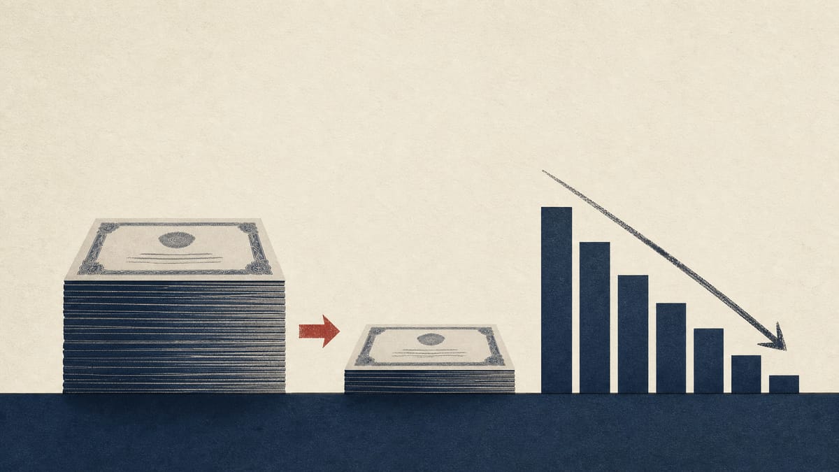Abstract illustration of a shrinking stack of preferred-share certificates next to a bar chart showing a declining share count.