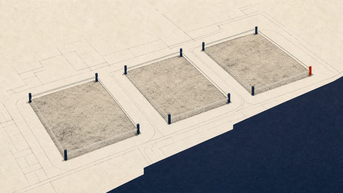 Overhead-style illustration of three separate land plots marked with boundary stakes, symbolizing a real estate ownership transfer between two companies.