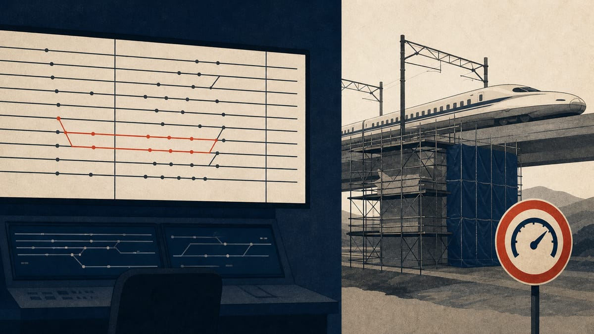 Editorial illustration of a railway timetable board and a speed-restricted elevated track section under repair, evoking a suspended rail line awaiting reopening