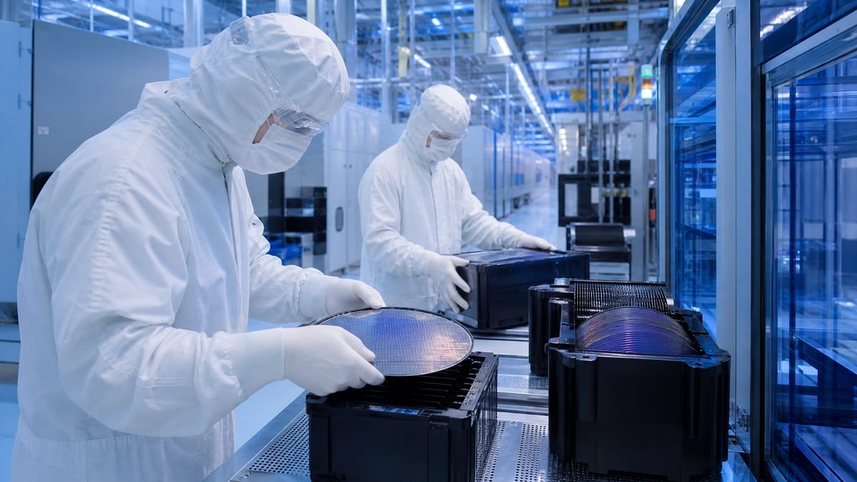 Technicians in white cleanroom suits handling silicon wafer cassettes inside a flash-memory fabrication plant.