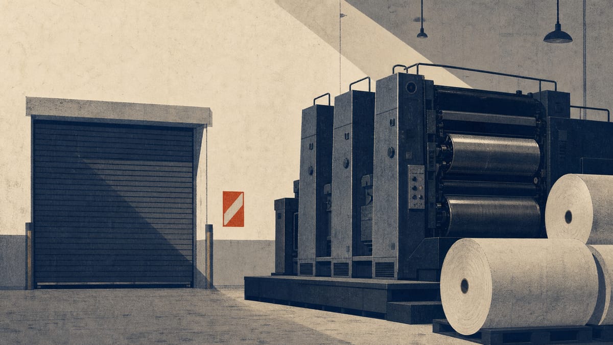 An industrial newspaper printing plant with idle press machinery and stacked newsprint rolls, suggesting facility consolidation.