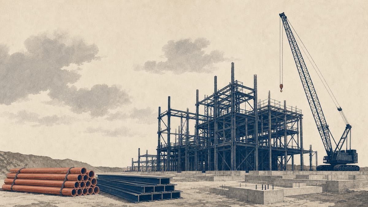 Construction site for a lithium-ion battery electrolyte plant with steel framework, a crane and stacked building materials.