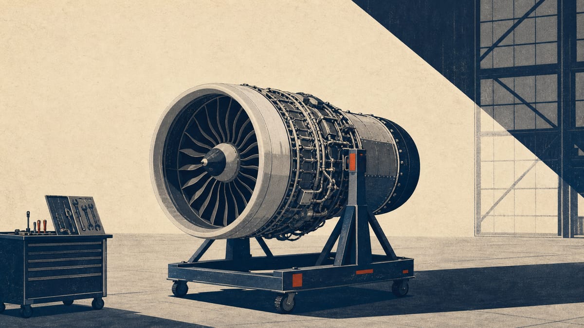 A jet engine resting on a maintenance stand inside an aircraft hangar.