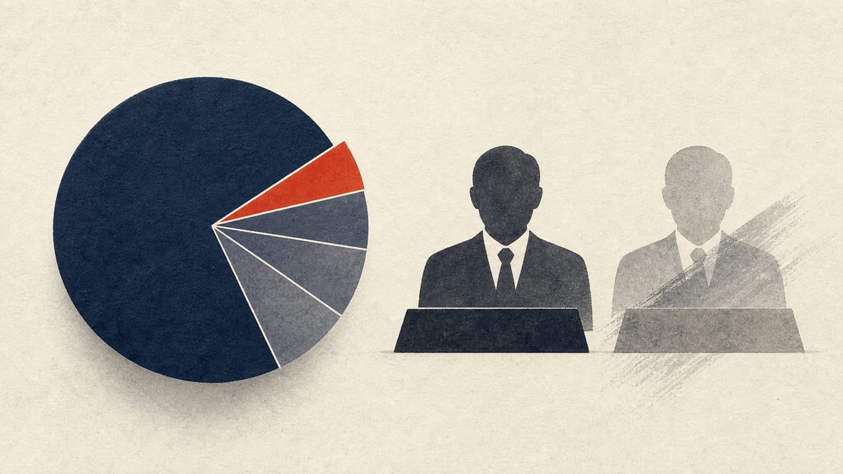 Abstract illustration of a shareholder ownership pie chart with one highlighted wedge next to two faded corporate nameplate silhouettes, symbolizing a leadership dispute.