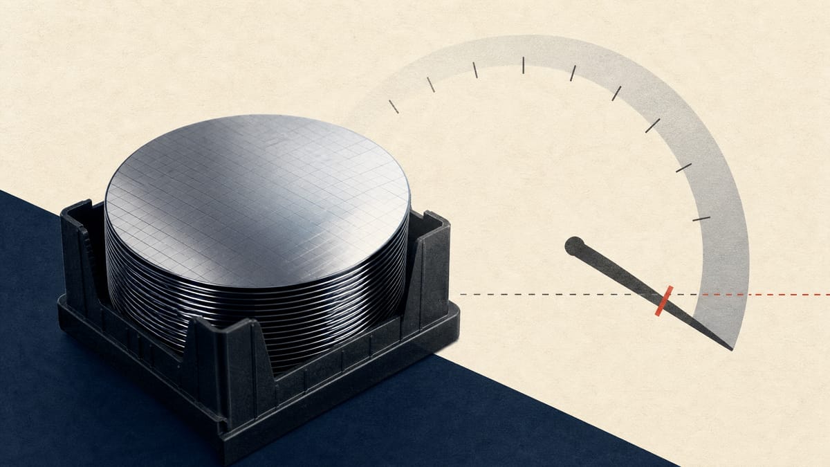 Stacked silicon wafers with an abstract overlay of a percentage gauge crossing a threshold, symbolizing a reduced ownership stake in a wafer manufacturing affiliate.