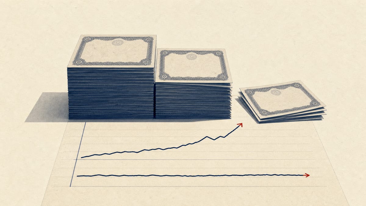 Illustration of a shrinking stack of corporate share certificates beside two diverging profit line charts, one steep and one nearly flat.