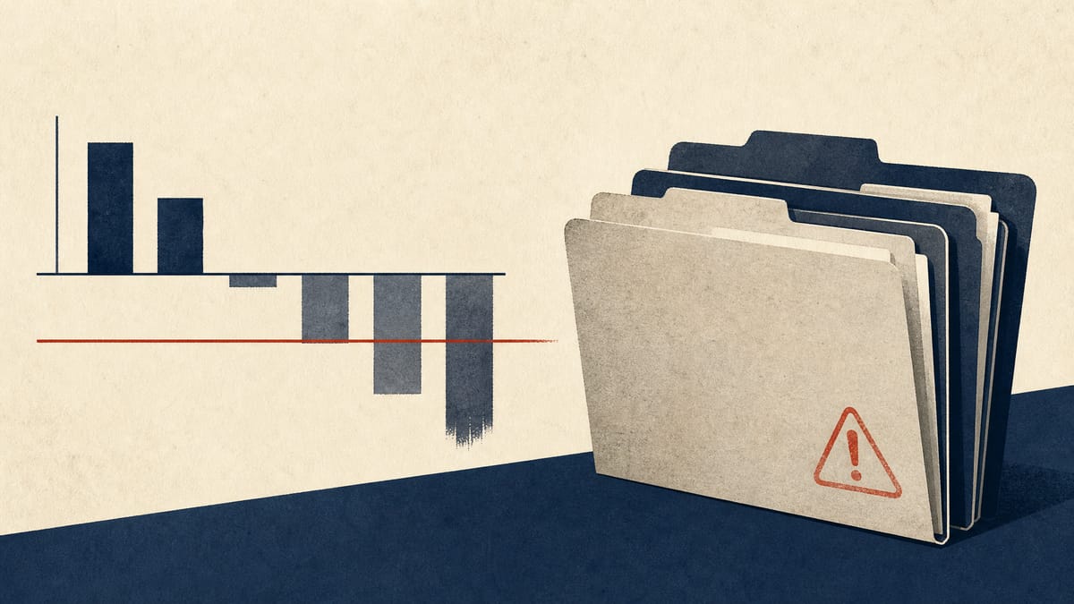 Illustration of a profit-and-loss bar chart dipping below a covenant threshold line beside stacked receivables folders, symbolizing an insurance agency's going-concern warning.