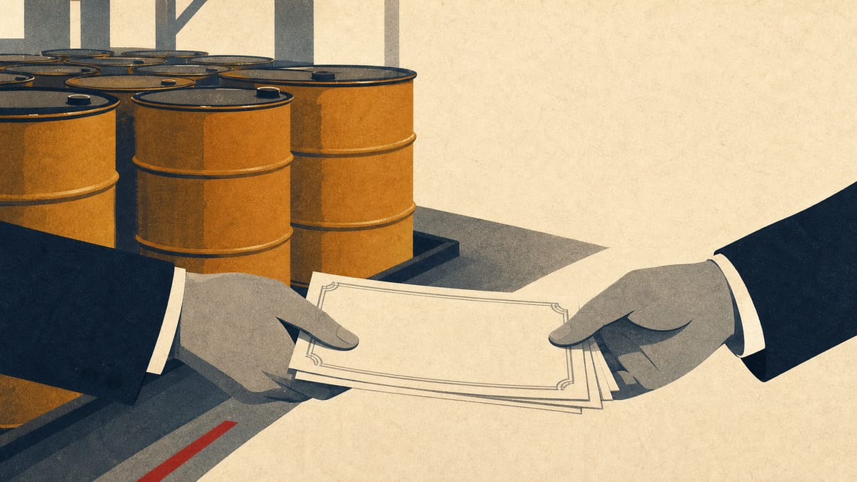 Illustration of automotive chemical drums on a factory floor with an ownership transfer of blank stock certificates in the foreground, symbolizing an insurer share sale.