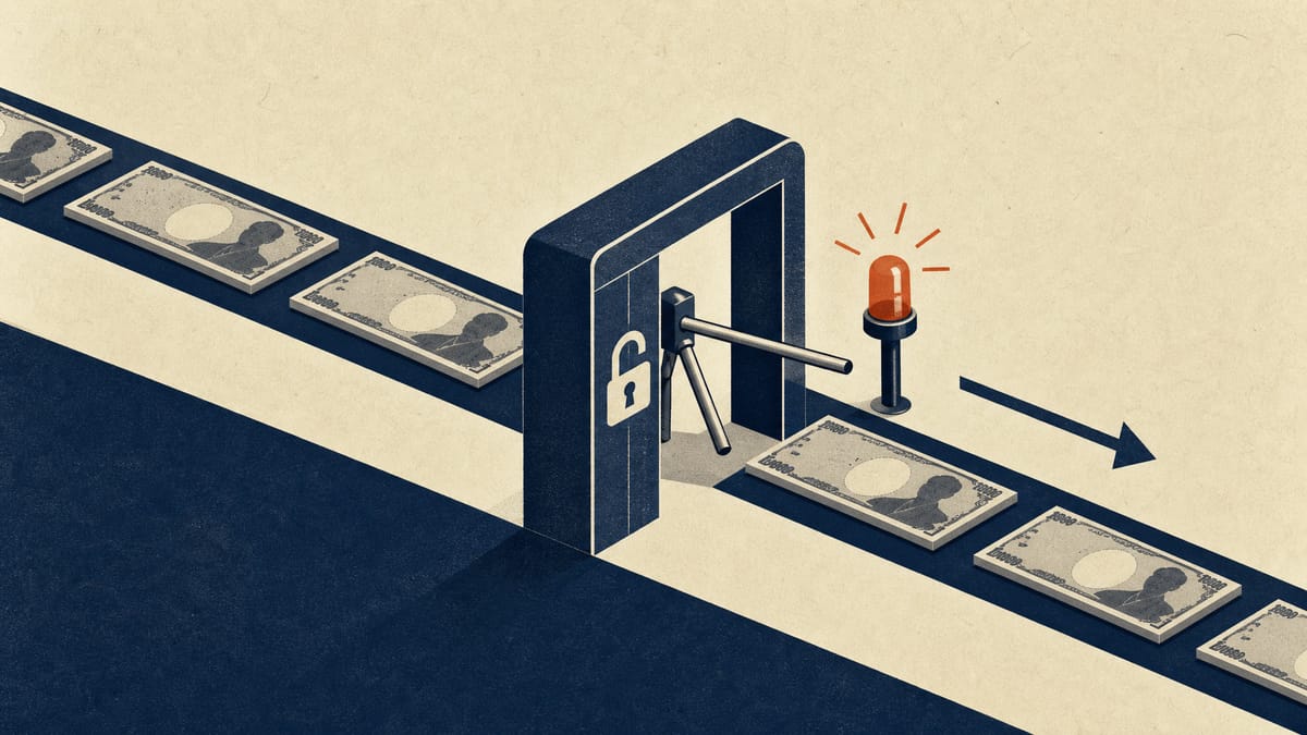 Editorial illustration of yen banknotes moving through an unlocked corporate approval turnstile, with a return stream of banknotes flowing back, symbolizing a payment control gap and later refund.