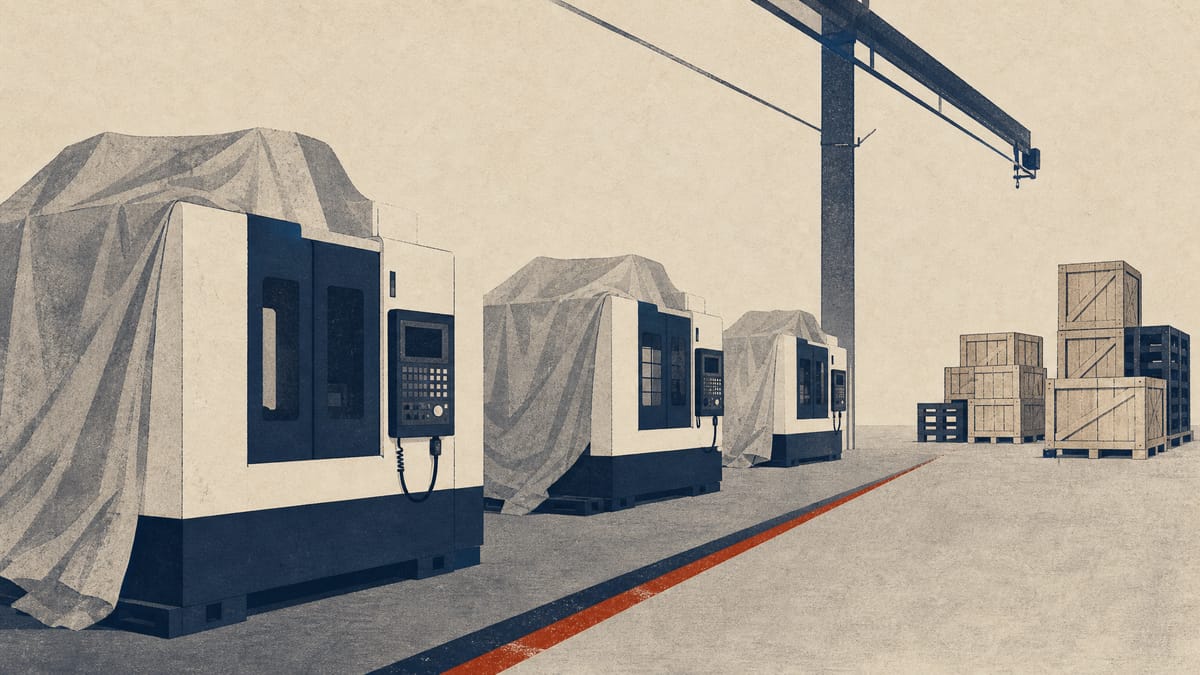 Idle CNC machine tools on a factory floor with shipping crates prepared for relocation, illustrating a production shutdown.
