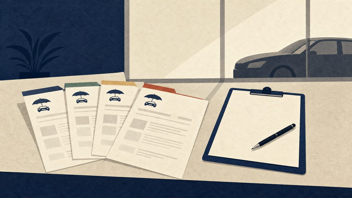 Illustration of an insurance sales counter with multiple printed quote sheets from different insurers fanned out for comparison, next to a blank customer intake form.