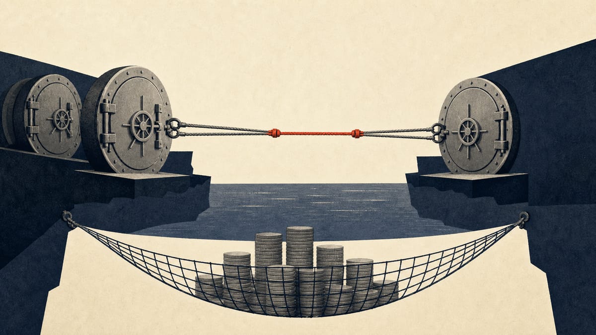 Illustration of bank vault doors linked by cables across a gap, symbolizing a foreign bank joining a Japanese loan syndicate, with a net catching coin stacks below representing an insurance safety net.