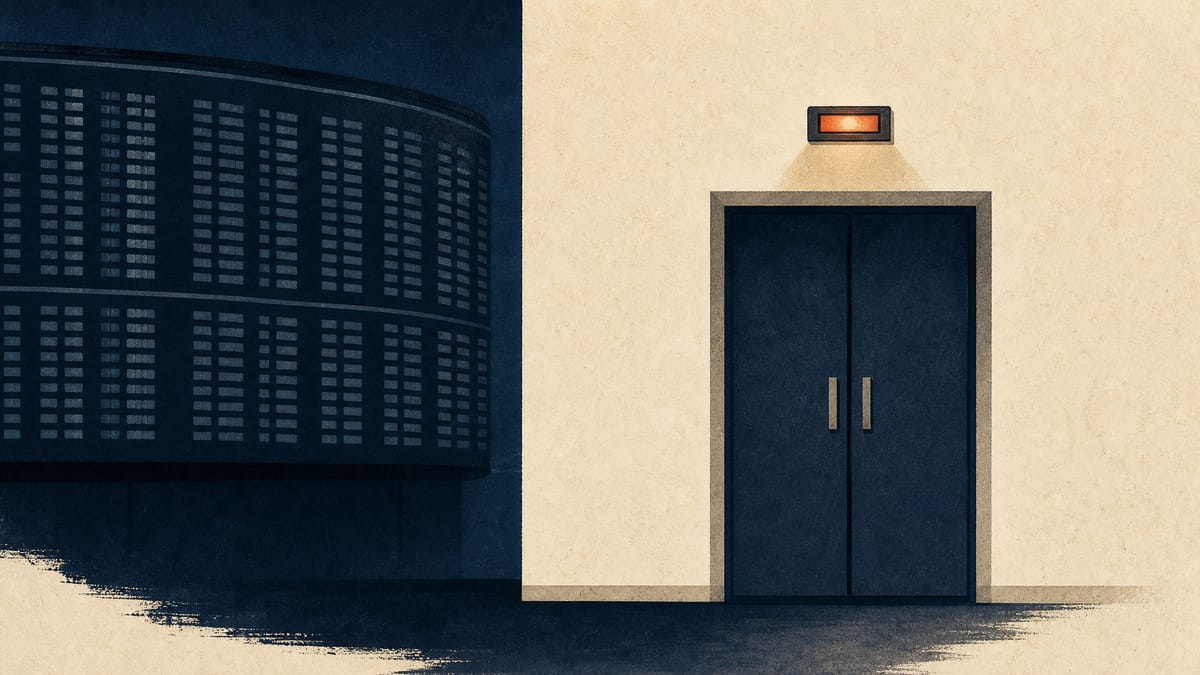 Illustration of a paused stock ticker display next to a boardroom door with a meeting-in-progress light, representing a company's board weighing an unconfirmed takeover report.