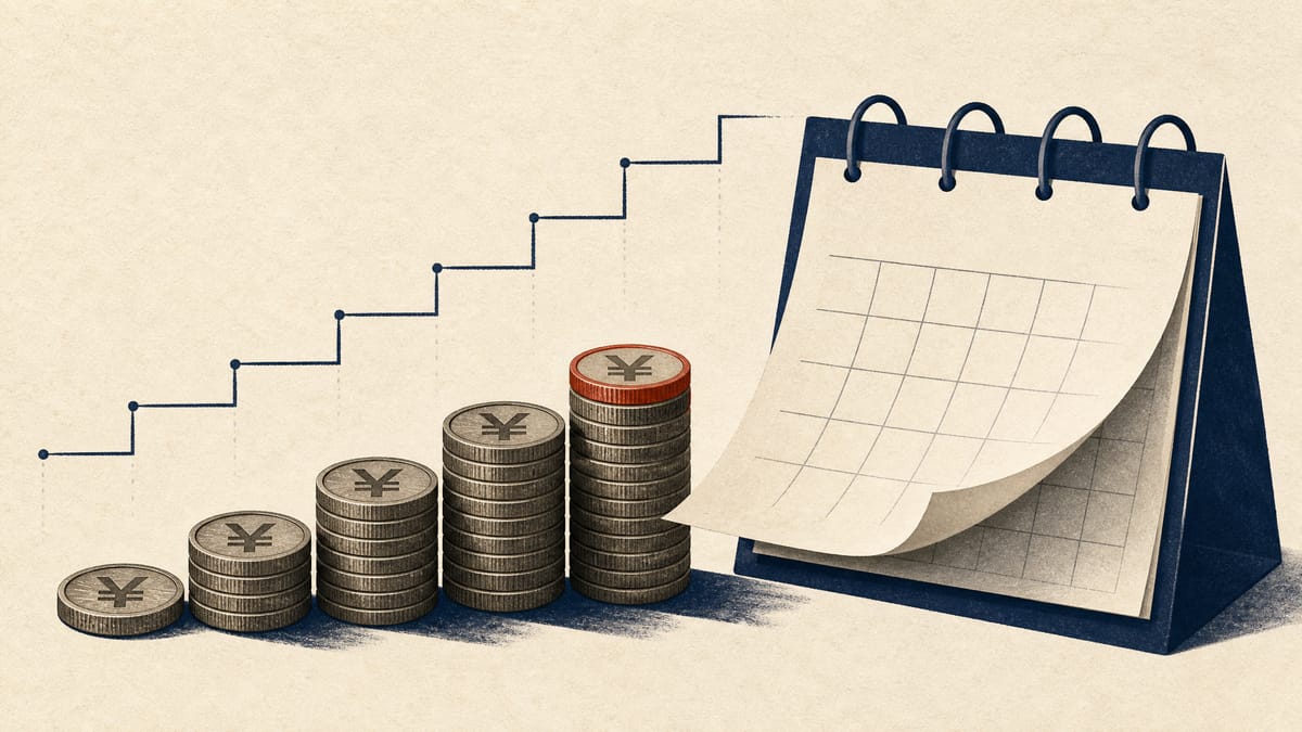 Illustration of stacked yen coins forming a small staircase next to a calendar page turning to a later date, symbolizing a one-yen tender offer price increase that extended a takeover deadline.