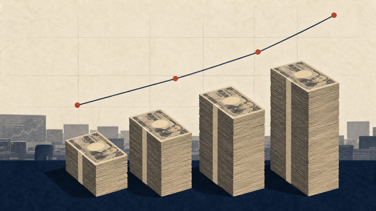 Illustration of four stacked columns of yen banknotes of increasing height, representing four bond tranches of different maturities, with a faint yield curve line in the background.