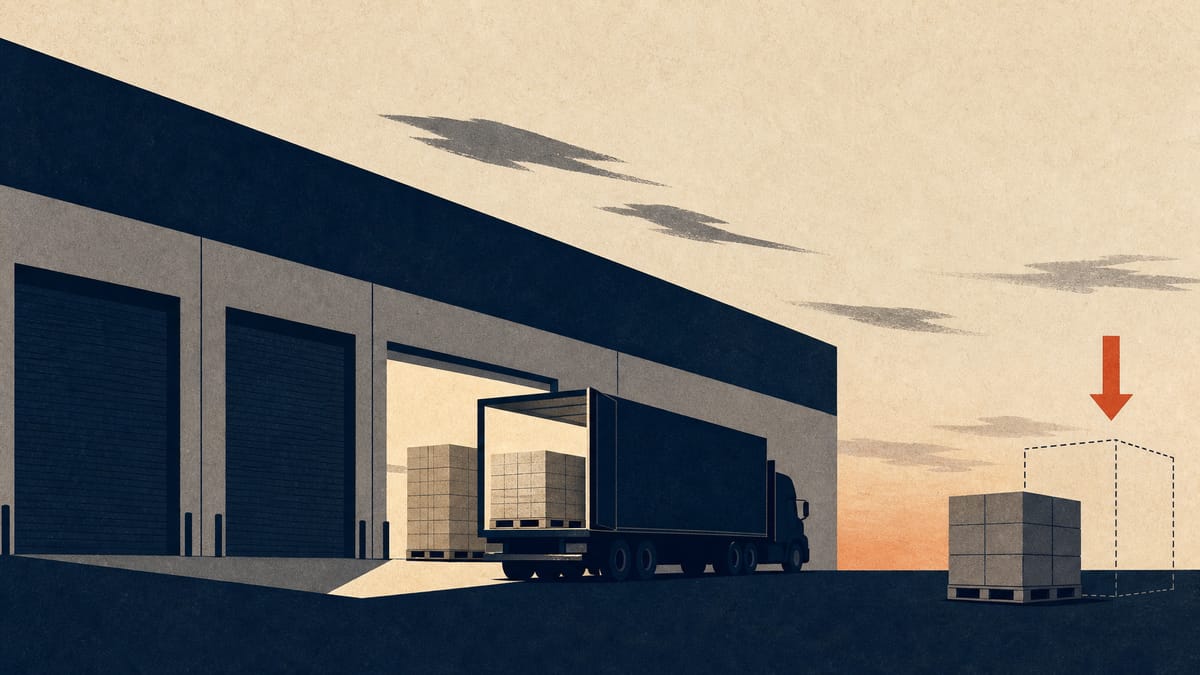 Editorial illustration of a logistics warehouse loading dock with pallets being loaded onto a departing truck next to a smaller consolidated stack, symbolizing a property sale paired with a unit buyback.