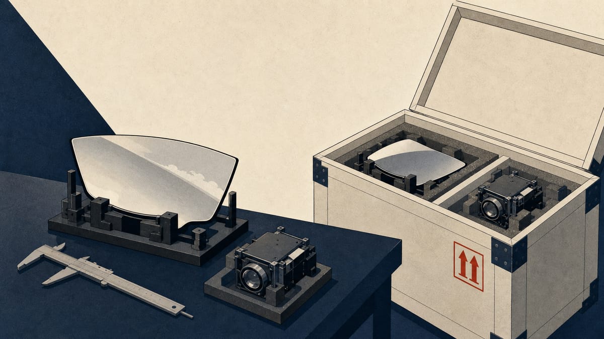 Illustration of head-up-display optical components and projector modules being packed for transfer between two automotive suppliers.