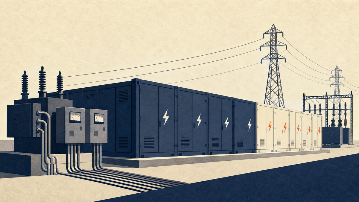 Illustration of grid-scale battery storage containers and transmission equipment at a power substation, representing a company selling majority control of its electricity retail business while investing in battery storage.