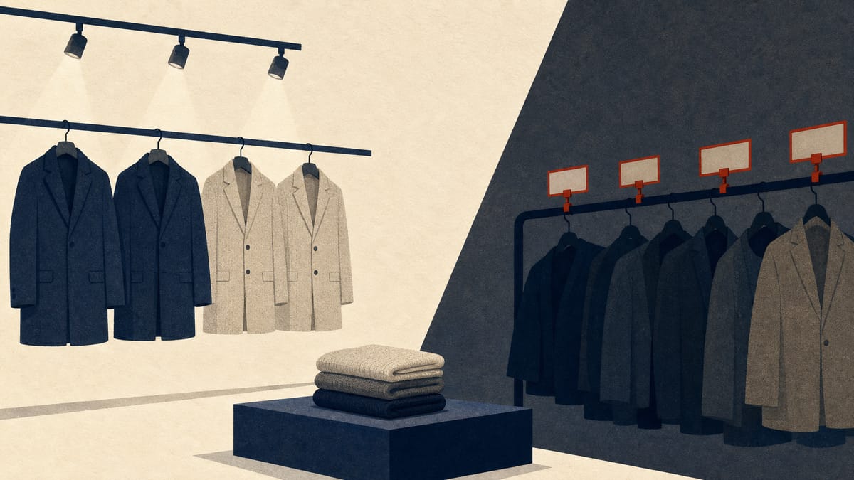 Editorial illustration of a retail apparel floor showing full-price coat racks beside a shadowed clearance rack, representing a Japanese clothing retailer balancing sales volume and margin.