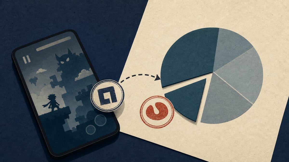 Illustration of a smartphone game screen and a shifting ownership pie chart flanked by two corporate stamps, symbolizing a change-of-control share transfer in the gaming industry.