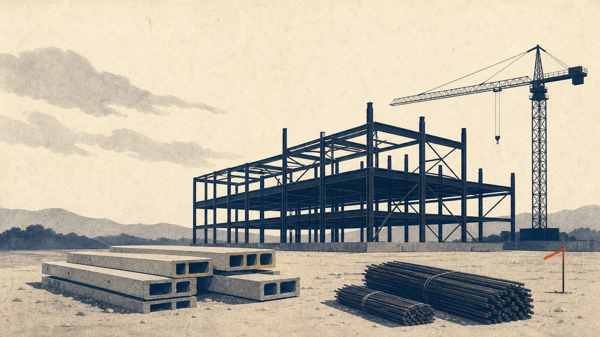 Illustration of a partially constructed factory building with steel framework and an idle crane at an industrial construction site.