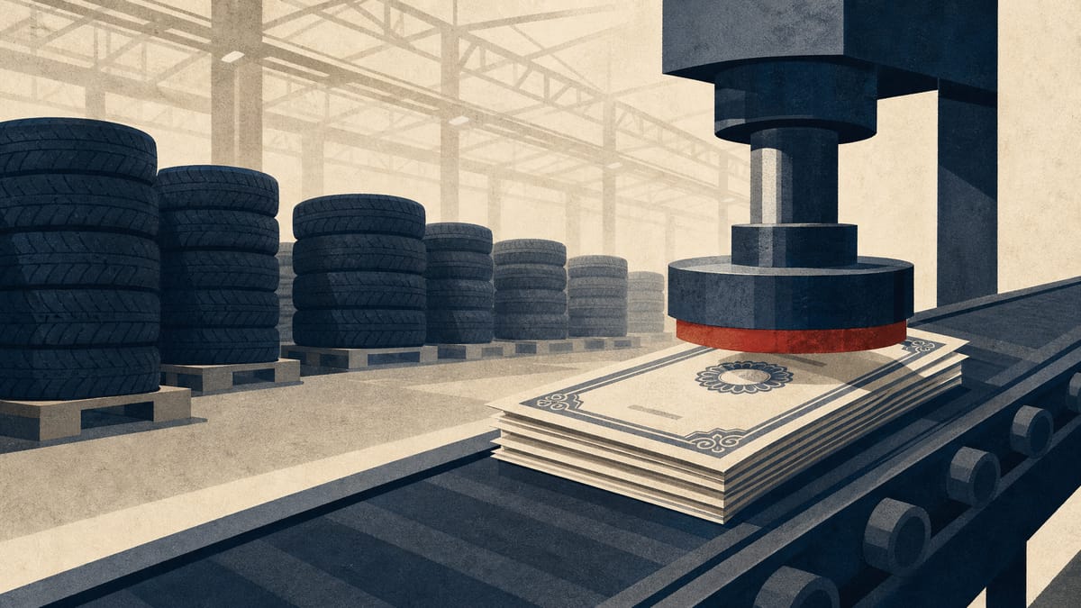 Illustration of a tire warehouse with stacked tires and a stamping press symbolizing the cancellation of repurchased shares