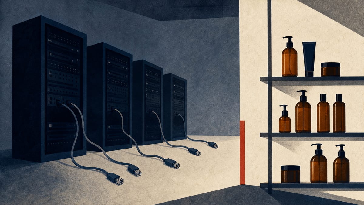 Illustration of disconnected server racks beside shelves of hair-care product bottles, representing a ransomware-driven system shutdown at a salon-products manufacturer.