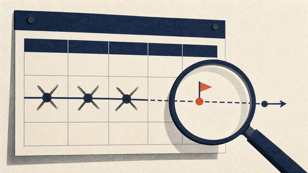 Illustration of a corporate reporting calendar with deadline dates crossed out and pushed back, and a magnifying glass over one entry, symbolizing a delayed earnings filing tied to an ongoing independent investigation.