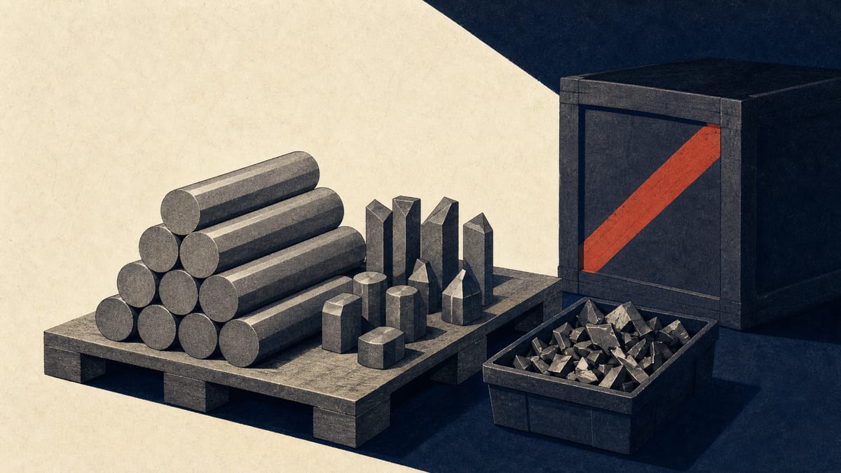 Tungsten carbide rod stock and cutting tool blanks stacked in a factory storage area next to a bin of recycled scrap metal.
