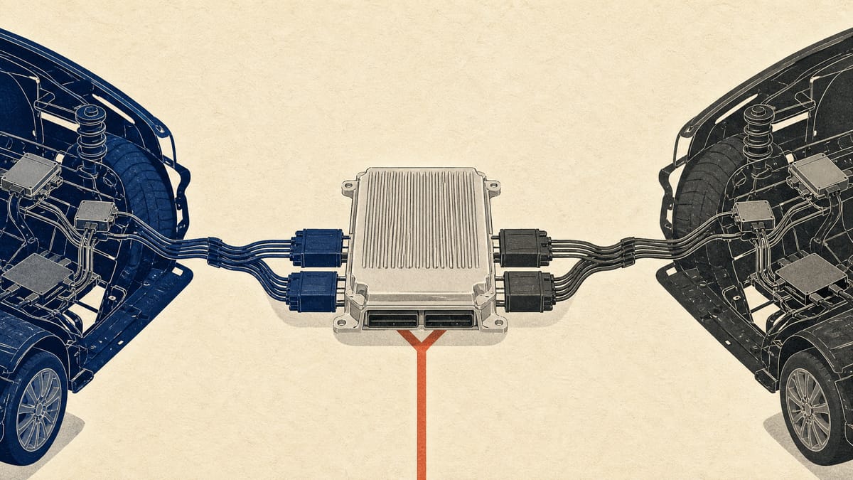 Illustration of automotive electronic control unit boards and wiring harnesses from two vehicle platforms converging into a single shared control module.