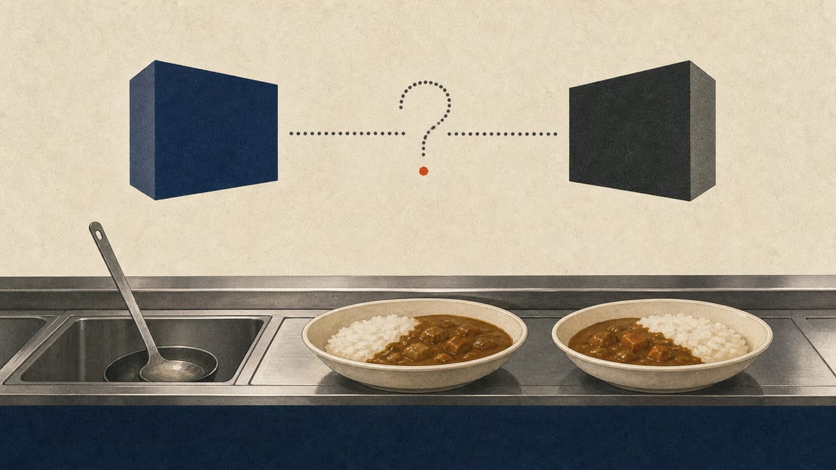 Illustration of a curry-restaurant counter with curry bowls beside an abstract diagram of two corporate blocks linked by a dotted, uncertain line, representing an unresolved review between two companies.