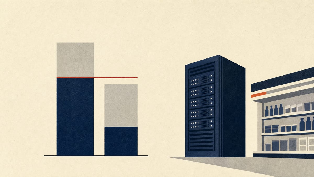 Illustration of stacked ownership bars, a server rack and a store shelf representing a corporate ownership restructuring.