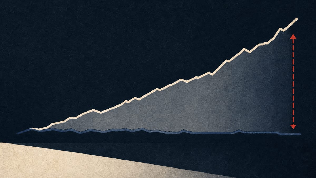 Abstract chart illustration showing a flat market-price line diverging from a rising net-asset-value line, representing an ETF trading persistently below its underlying value.