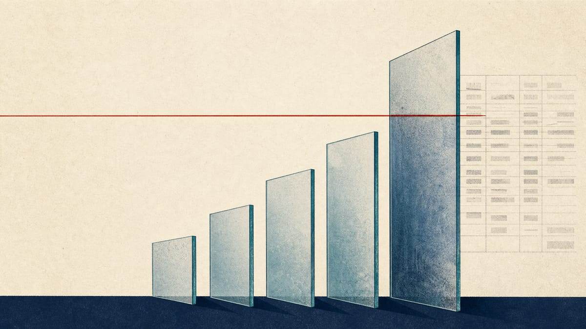 Editorial illustration of stacked glass panes forming a bar chart that crosses a threshold line, symbolizing a controlling ownership stake change at a Japanese glassmaker.