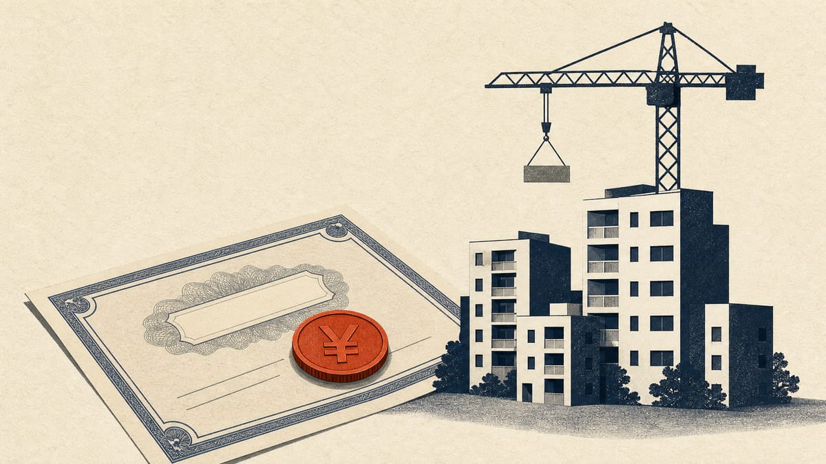 Editorial illustration of a yen coin on a stock certificate next to miniature apartment models and a paused construction crane, symbolizing the sale of a crowdfunding subsidiary and frozen investor redemptions.