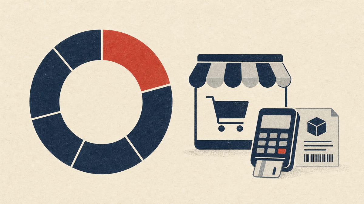 Illustration of a ring divided into a shaded 20 percent segment next to icons of a storefront, payment terminal, and shipping label, representing a capped minority stake in an e-commerce company.