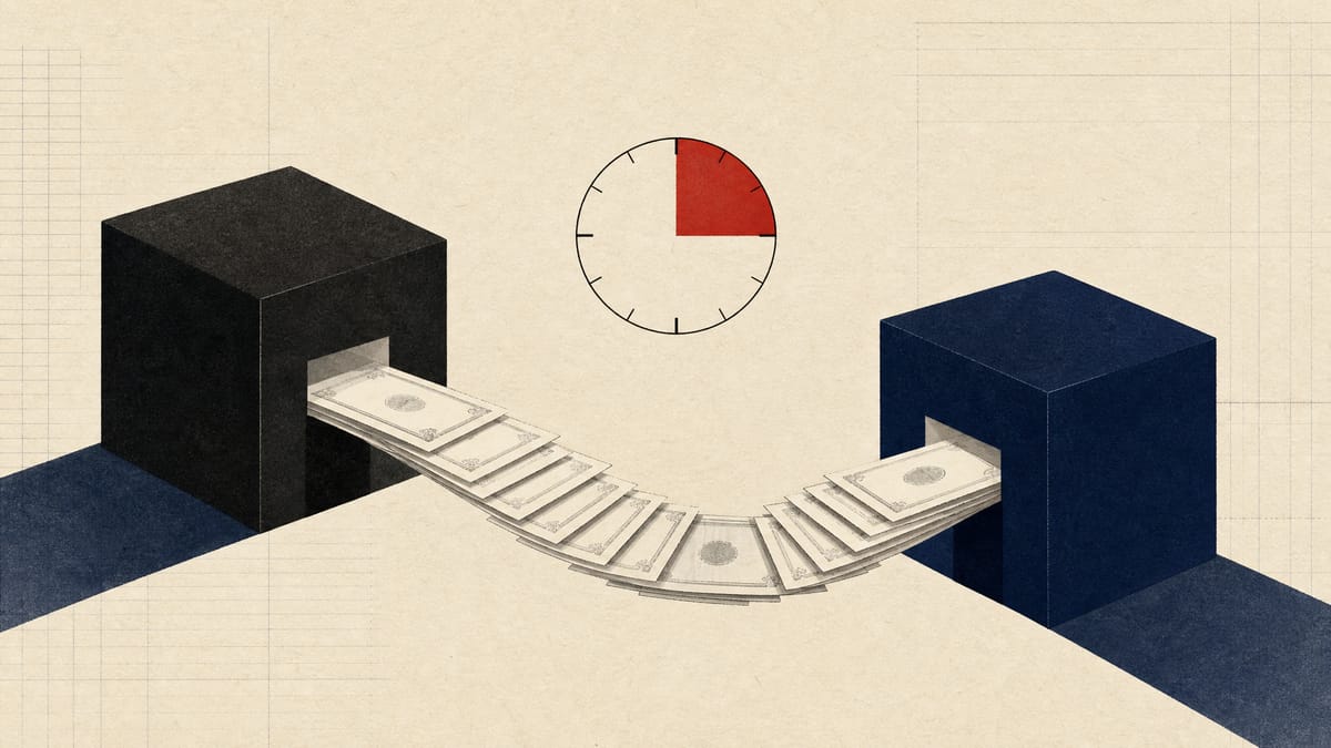 Abstract illustration of a shareholder stake transferring from one corporate block to another, shown as a ribbon of stock certificates and a percentage gauge.
