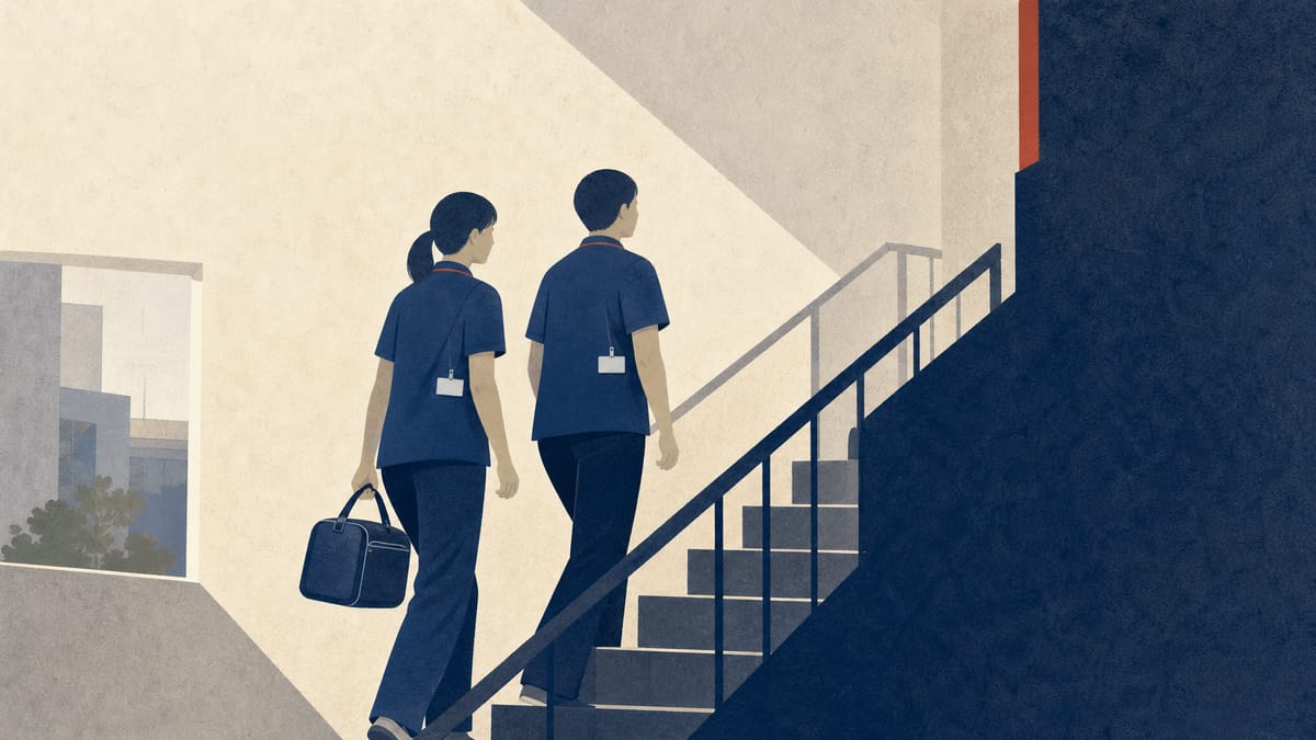 Illustration of two home-care workers walking together toward a client's home, representing a subsidy for paired staffing after harassment incidents.