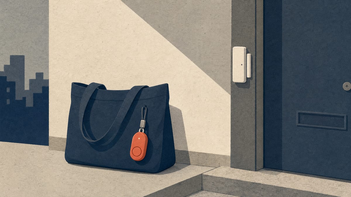 A home-visit care worker's bag beside a personal safety alarm and door sensor at an apartment entrance, representing Tokyo's new subsidy for care-office security equipment.