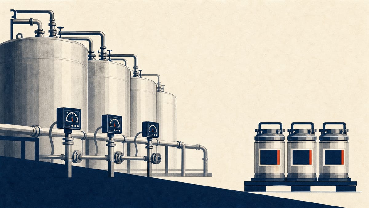 Stainless-steel chemical storage tanks and piping at a specialty chemical plant supplying semiconductor manufacturers.