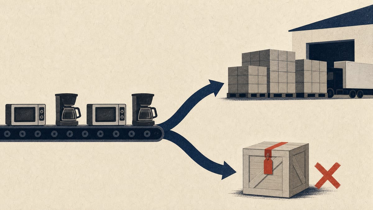 Illustration of a small-appliance production line splitting toward two distribution paths, symbolizing a manufacturer weighing broad retail sales against a single acquirer's order.