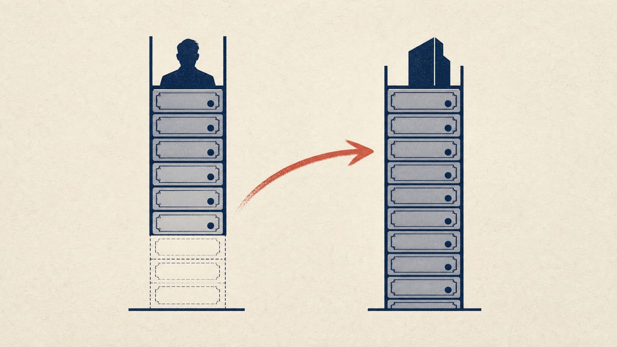 Editorial illustration of abstract share-certificate blocks shifting from one ownership ledger column to another, symbolizing an internal corporate stake transfer.
