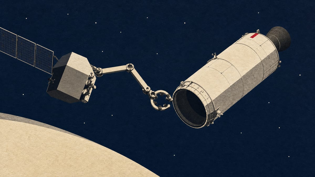 Illustration of a satellite-servicing spacecraft's robotic arm reaching toward a large cylindrical rocket upper stage in orbit.