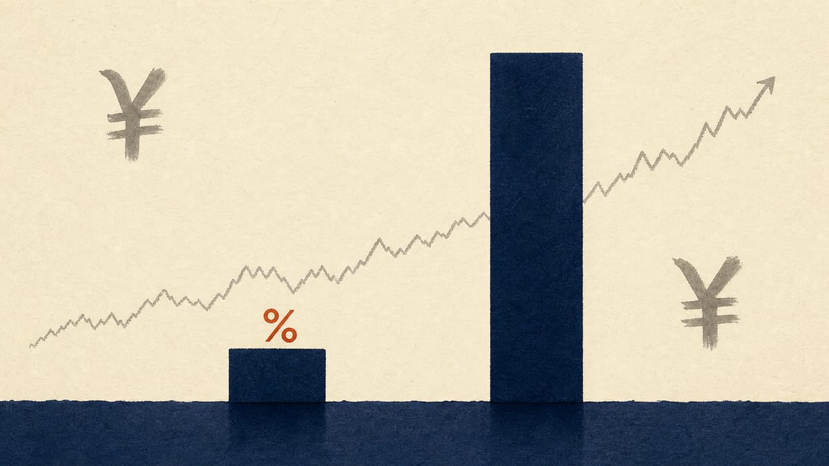 Illustration comparing a short buyout-premium bar against a taller industry-average premium bar over a stock price line with yen symbols.