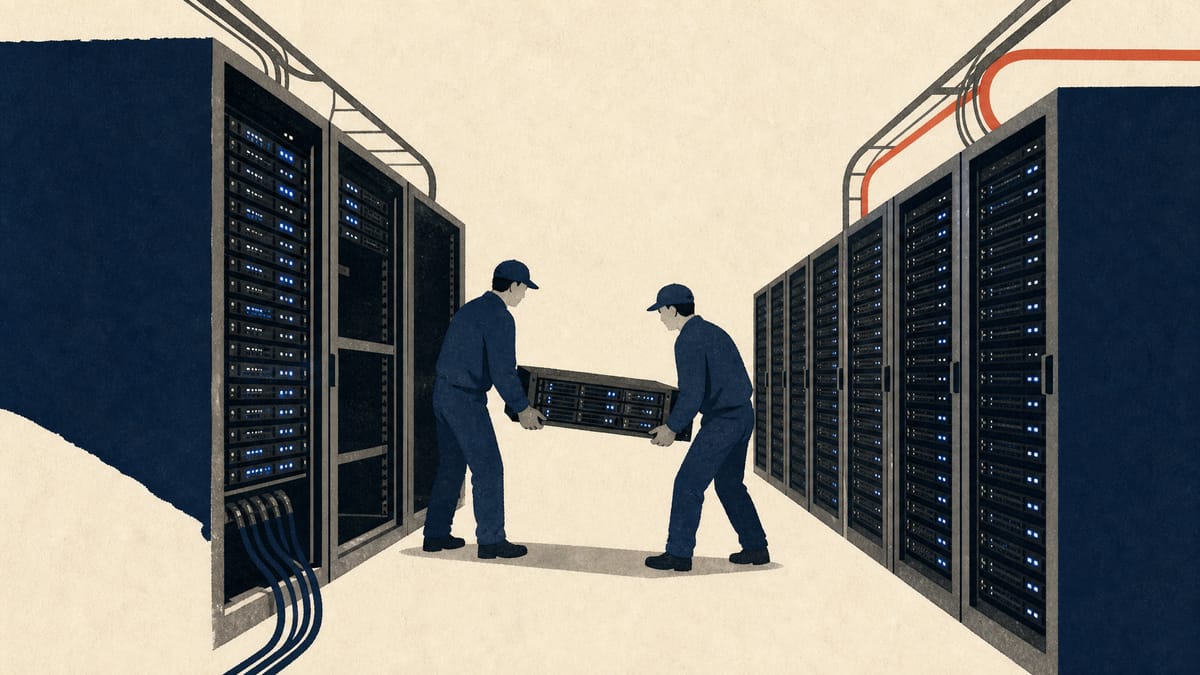 Technicians relocating server equipment between data center racks, illustrating a company shifting technical resources between computing environments.